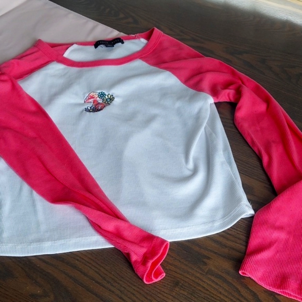 womens crop top pink white baseball style